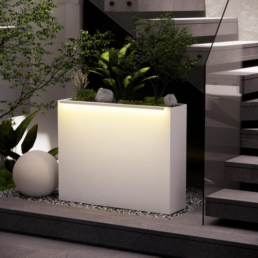 GSK Tall Illuminate Decor 30" H×10" W×37.9" L White Metal Planter Box LED Strips×2 Lighting Vibe Indoor Garden Flower Divider Plants Outdoor Separation Modern Succulent Balcony Houseplants