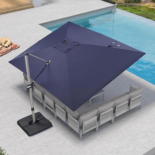 PURPLE LEAF 10' X 13' Patio Umbrella, Rectangle Outdoor Cantilever Umbrella, Aluminum Offset Umbrella with Champagne Frame and 360° Rotation for Pool Deck Garden, Navy Blue