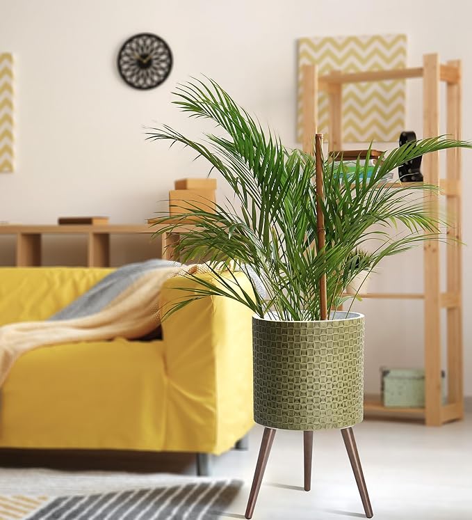 D'vine Dev 14 Inch Modern Geometric Tile Patterned Sleek Planter Pot with Stand, Indoor Outdoor Decorative Plant Holder, Distressed Olive, 88-Z-D-4