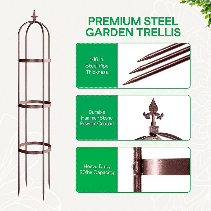 Idzo Trellis for Climbing Plants Outdoor, Garden Trellis Steel, Obelisk Design Stone-Look Finish, 2025 Bronze Color, Vertical Support for Climbing Plants, Decorative for Outdoor & Indoor Use