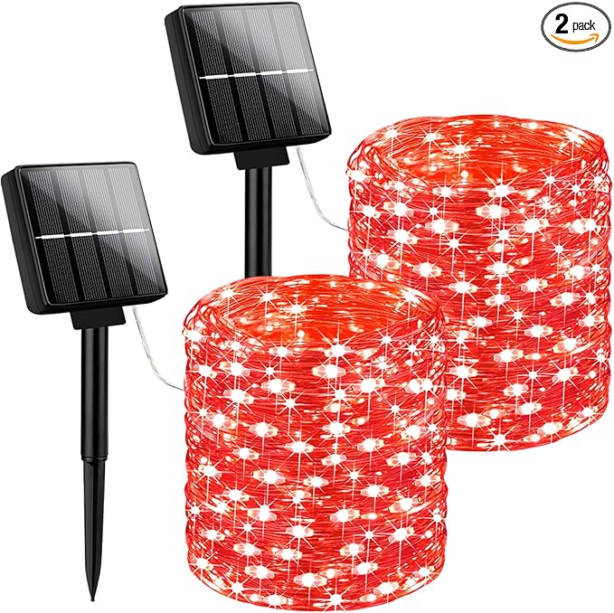Brightever Outdoor Solar String Lights Waterproof, 2-Pack Total 80FT 200LED Solar Fairy Lights for Outside with 8 Lighting Modes, Solar Twinkle Lights for Yard, Christmas, Party (Red)