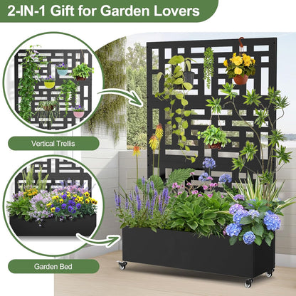 Metal Planter Box with Trellis, 71"x 47"x 16" Raised Garden Bed with Trellis & Wheels, Privacy Planters for Patio, Planter Box with Drainage Holes for Climbing Plants, Flower, Vegetable
