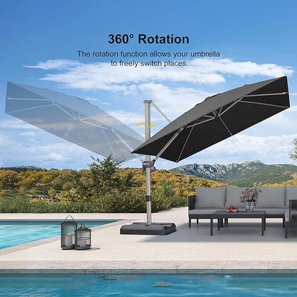 PURPLE LEAF 10FT Patio Umbrella with Base Cantilever Umbrella Square Outdoor Offset Umbrella with Champagne Frame and 360° Rotation for Garden Deck Pool, Black