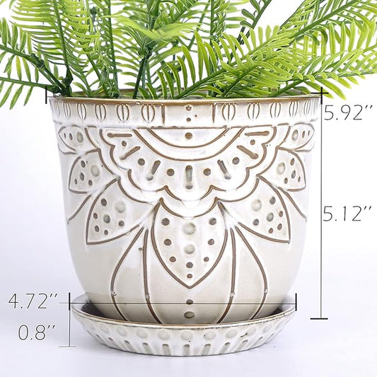 VanEnjoy 5.9 inch Round Bohemian Style Ceramic Planter, Geometry Engrave Off White Brown Planter Flower Pot, Indoor Outdoor Decorative Planter