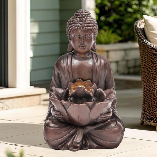 18.9" H Buddha Outdoor Water Fountain with LED Lights and Pump,Zen Style Relaxing Garden Fountain Waterfall for Patio, Porch, or Yard, Faux Bronze
