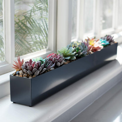 DR&Co Modern Grey Rectangle Planter Box, 16" Metal Planter Perfect for Succulent, Narrow Box for Table or Window Sill, Rectangular Stainless Steel Long