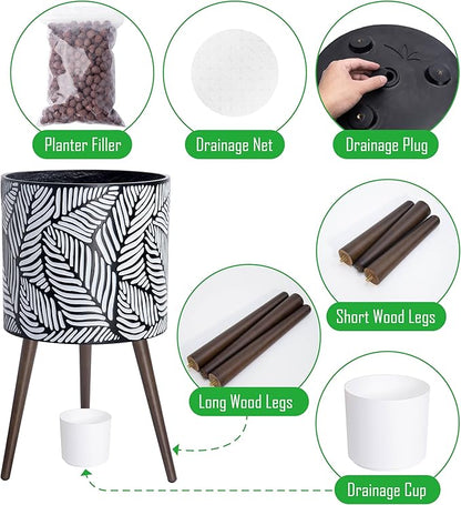 D'vine Dev 16 Inch Planter Pot with Stand, Mid-Century Tall Plant Pot with Legs for Indoor Plants, XX-Large, White/Grey, 88-L-E-7