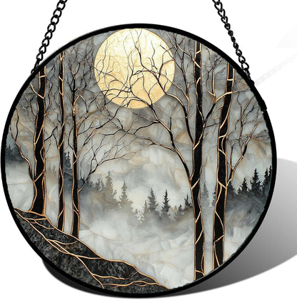 Stained Glass Window Hanging - Black and White Gold Moon Forest Sun Catcher for Door Home Decor Suncatcher Christmas Mother's Day Birthday Gifts for Women Men Lovers Mom Nana 6.3 in