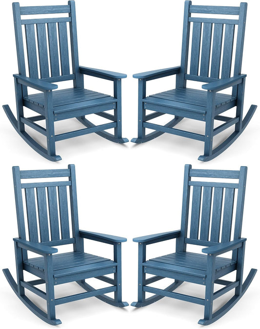 SERWALL Oversized Outdoor Rocking Chair Set of 4, HDPE Rocker for Adults, Patio Rocking Chairs for Porch, Blue