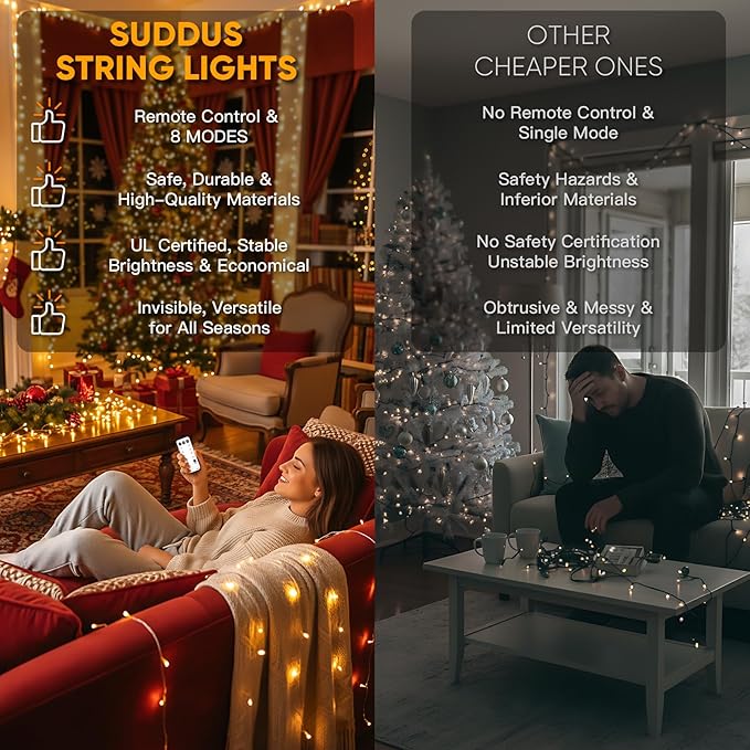 suddus Indoor Christmas Lights with Remote, Warm White String Lights Plug in with Timer, 33ft 100 LED Twinkle Fairy Lights for Bedroom Xmas Tree Wreath Garden Party Outdoor Thanksgiving Decorations