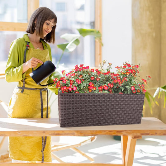 Aoodor 4Pcs 19.5" Rectangular Window Box Wall Mount/Railing Planter, Self-Watering Planter with Adjustable Bracket, for Fence, Balcony, Patio, and Outdoor Decor - Coffee