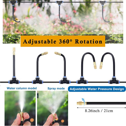 Mornajina Automatic Drip Irrigation Kits Garden Irrigation System, Includes Calcium Inhibitor Filter & 66FT 5/16 inch Irrigation Tubing Hose & 20Pcs 360° Bending Dropper Atomizing Mist Nozzles Tee