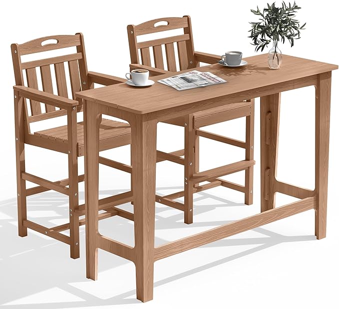 HDPE Outdoor Patio Bar Set with High Top Table and 2 Adirondack Chairs, All-Weather Bar Height Outside Rectangular Pub Furniture for Bistro, Garden, Backyard, Deck | 3-Pieces, Teak