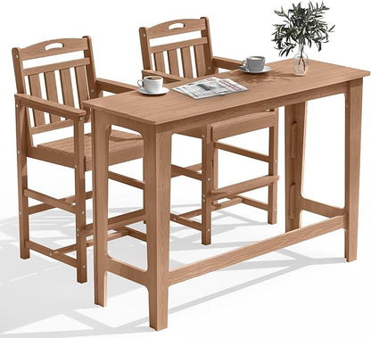 HDPE Outdoor Patio Bar Set with High Top Table and 2 Adirondack Chairs, All-Weather Bar Height Outside Rectangular Pub Furniture for Bistro, Garden, Backyard, Deck | 3-Pieces, Teak