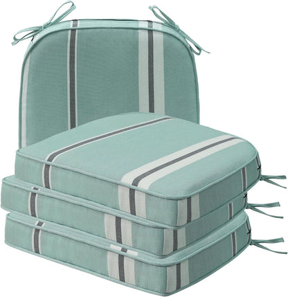 Round Corner Seat Cushions, 17" x 16" x 2", Set of 4, Indoor Outdoor Water Repellent Universal Chair Pads with Ties for Patio Furniture, Garden Deck Dining Chairs, Aqua Stripe