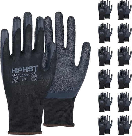 Latex Rubber Hand Coated Work Gloves - Safety Work Gloves - Excellent Grip for Construction Warehouse Garden 12 Pairs