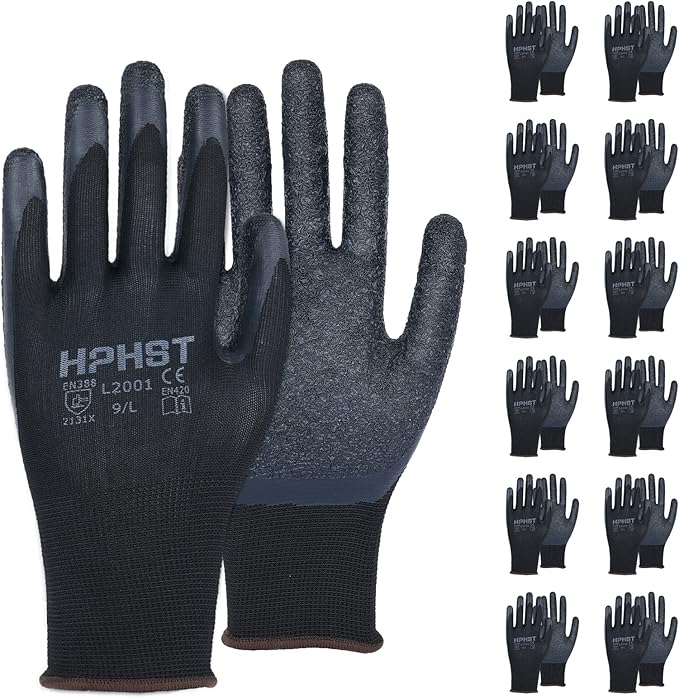 Latex Rubber Hand Coated Work Gloves - Safety Work Gloves - Excellent Grip for Construction Warehouse Garden 12 Pairs