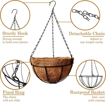 4 Pack 10 inch Metal Hanging Planters Basket with Coco Coir Liner Outdoor-Hanging Baskets for Plants Outdoor,Metal Wire Baskets with Window Box Planters, Hanging Flower Pots for Railings