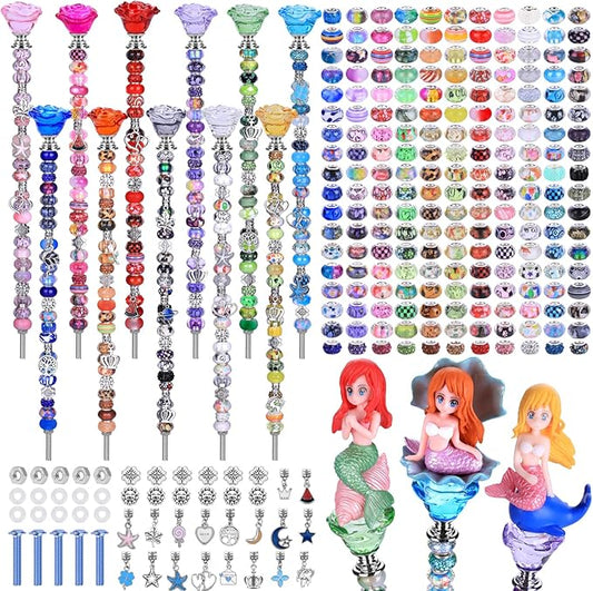 AIPRIDY 238 Pcs DIY Fairy Wand Garden Stakes Kit,Multiple Color Scheme European Beads Crystal Diamond Tops and 12 or 10 Inch Threaded Rods,Stainless Steel Stakes with Diamond Toppe (Rose Flower)