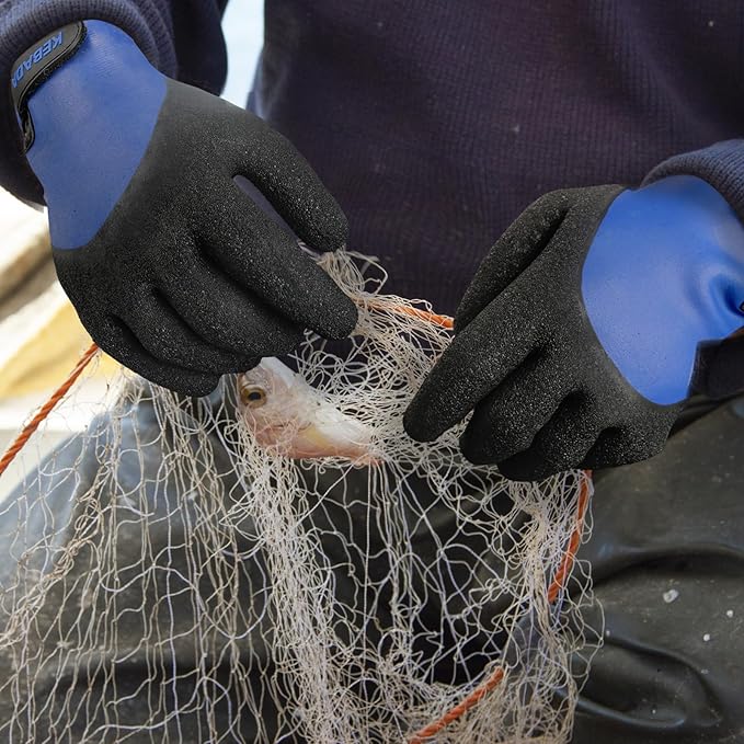 Kebada T2 Waterproof Work Gloves for Men and Women, Thermal Warm Winter Working Gloves, Insulated Freezer Gloves for Cold Weather, 100% Latex Coating, Wrist Closure, 2 Pairs, Blue, Large