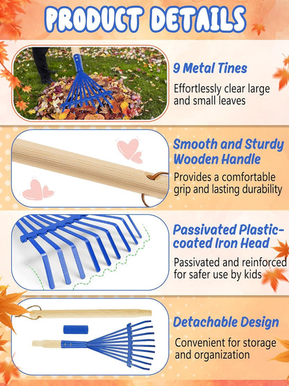 Kids Friendly Rakes for Leaves - 28" Child Size Small Rake with Durable Metal Head & Hardwood Handle, Real Lawn Garden Yard Tools for 3+ Years Kids Enjoy Helping Work Gifts (Blue)