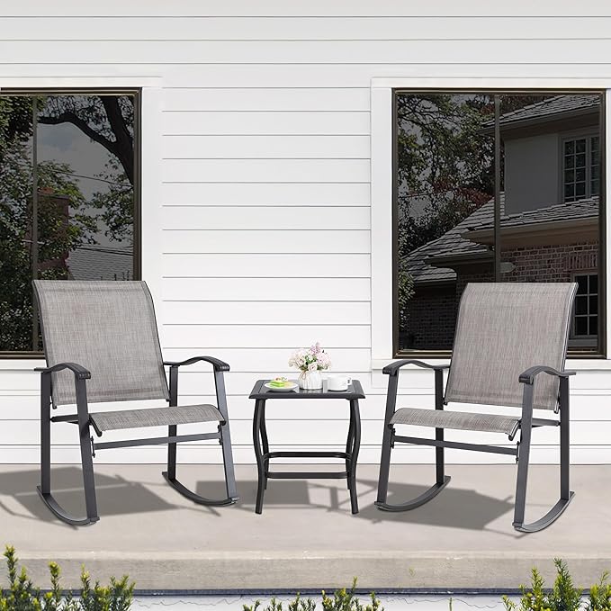 Shintenchi 3 Piece Rocking Bistro Set, Outdoor Furniture with Rocker Chairs and Glass Coffee Table Balcony, Porch Furniture for Small Space, Gray