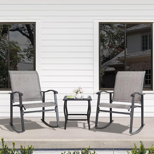 Shintenchi 3 Piece Rocking Bistro Set, Outdoor Furniture with Rocker Chairs and Glass Coffee Table Balcony, Porch Furniture for Small Space, Gray
