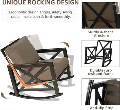NATURAL EXPRESSIONS Rocking Chair Patio Set, 3 Piece Bistro Furniture Set with 2 Rockers, 1 Metal Coffee Table with Thick Cushions, 2 Pack Waterproof Patio Chair Covers