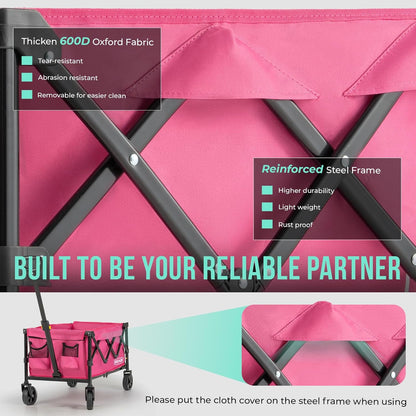 OVERMONT Collapsible Wagon with Tailgate - 220lbs Extended Lightweight Foldable Utility Wagons Folding Cart with Wheels - Small Garden Grocery Cart for Shopping,Grocery,Sports,Garden