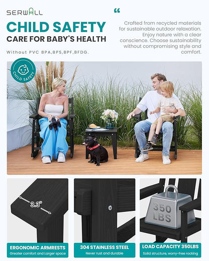 SERWALL 3 Piece Rocking Bistro Set, HDPE Patio Furniture Set with Bistro Table and Chairs for Backyard,Porch, Poolside, Balcony, and Garden- Black