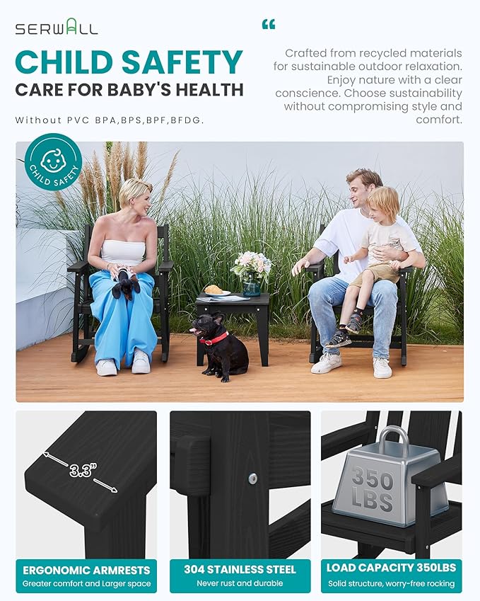 SERWALL Outdoor Rocking Bistro Set, HDPE Patio Furniture Set, Porch Rocking Chair Set with Table for Backyard, Balcony, and Garden- Black