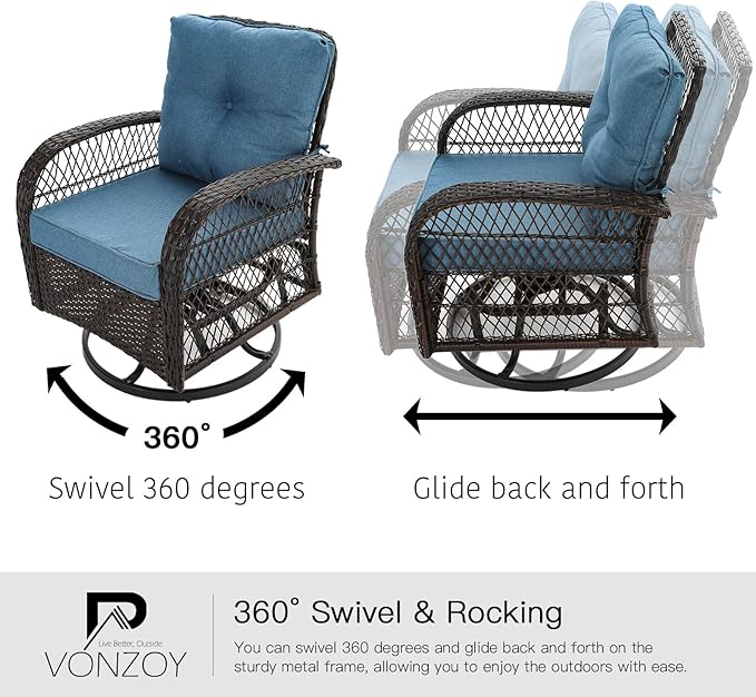 3 Pieces Patio Furniture Set, Outdoor Swivel Glider Rocker, Wicker Patio Bistro Set with Rocking Chair, Thickened Cushions and Table for Porch (Blue)