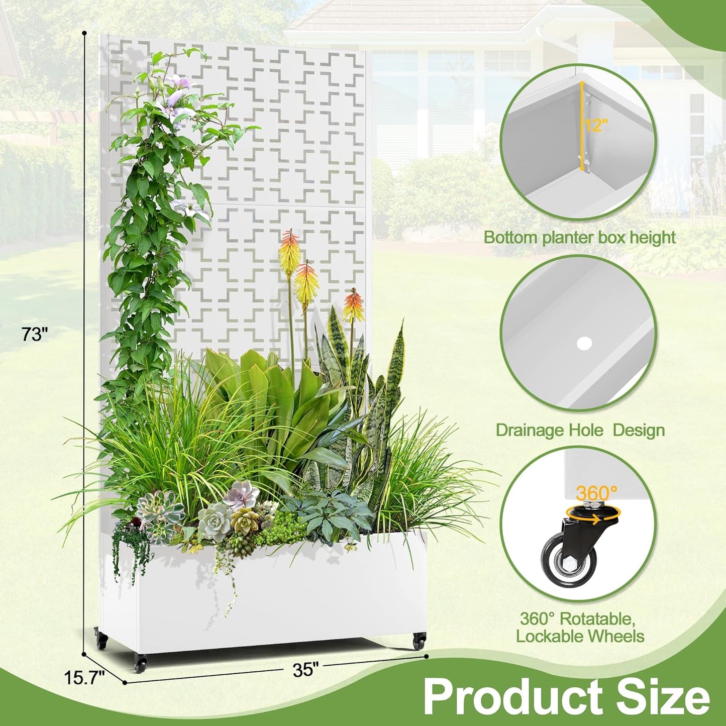 Raised Garden Bed with Trellis and Wheels,73"x35"x16" Metal Raised Garden Bed,White Squared Metal Planter with Climbing Trellis for Vines & Vegetables