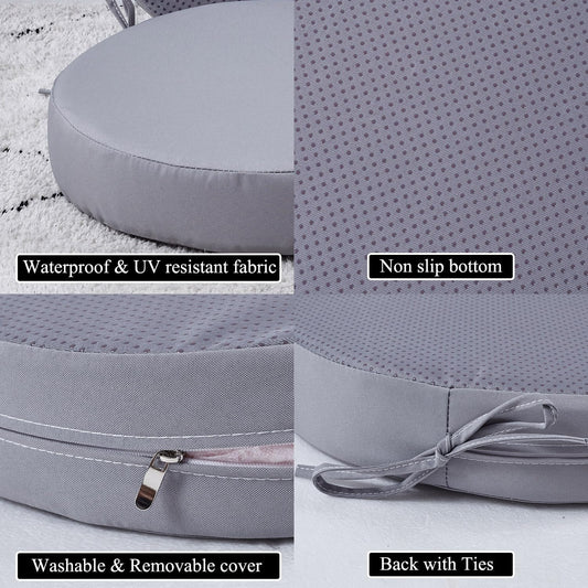15 x 15 Inch Round Cushions for Outdoor Furniture Non-Slip Waterproof Patio Bistro Chair Cushion with Ties Bar Stool Seat Cushion for Kitchen Chairs Set of 4, Light Gray