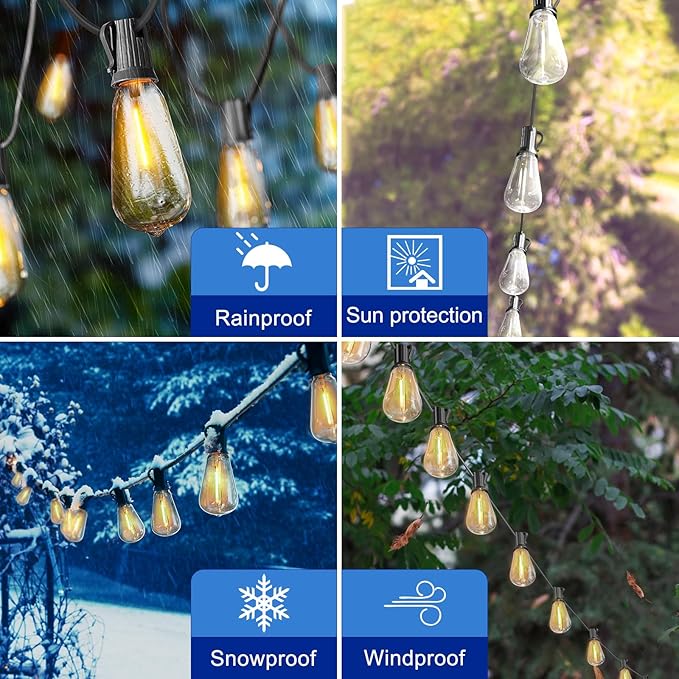 Stright 60FT Solar String Lights Outdoor Weatherproof with Remote, Solar Powered LED Edison Bulb 15 Sockets Outdoor String Lights for Outside Patio Backyard Fence Halloween Christmas Decorations