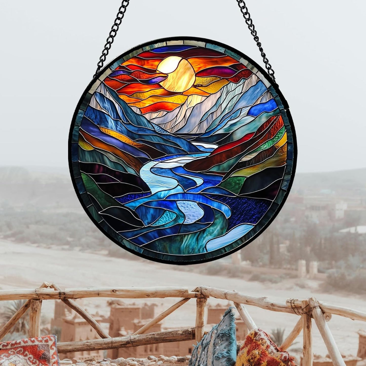 Stained Glass Window Hanging, Canyon Mountains Sunset View Sun Catcher for Window Home Decor Landscape Suncatcher Mother's Day Birthday Gifts for Women Men Mom and Nana 9.8 in