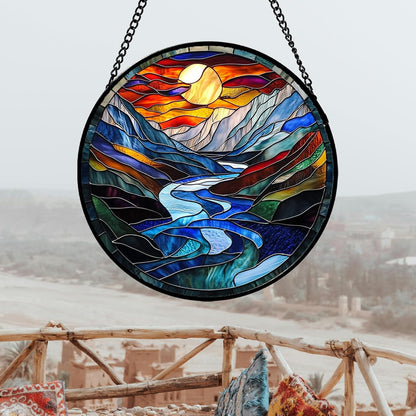 Stained Glass Window Hanging, Canyon Mountains Sunset View Sun Catcher for Window Home Decor Landscape Suncatcher Mother's Day Birthday Gifts for Women Men Mom and Nana 15 in
