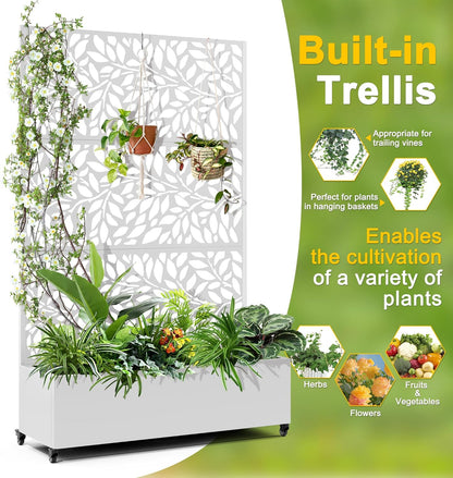 FENCY Metal Raised Garden Bed with Wheels and Trellis,73"x47"x16" Planter Box for Climbing Plants, Vegetables & Vines, Features Privacy Screen and Drainage Holes (White-Leaf-2)