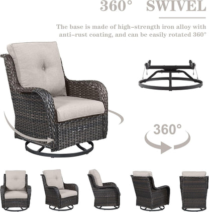 Wicker Outdoor Furniture Patio Furniture Set - 6 Piece Patio Conversation Set with Swivel Rocker Chairs, Rattan Sofa, Ottomans and Coffee Table, Beige Cushion