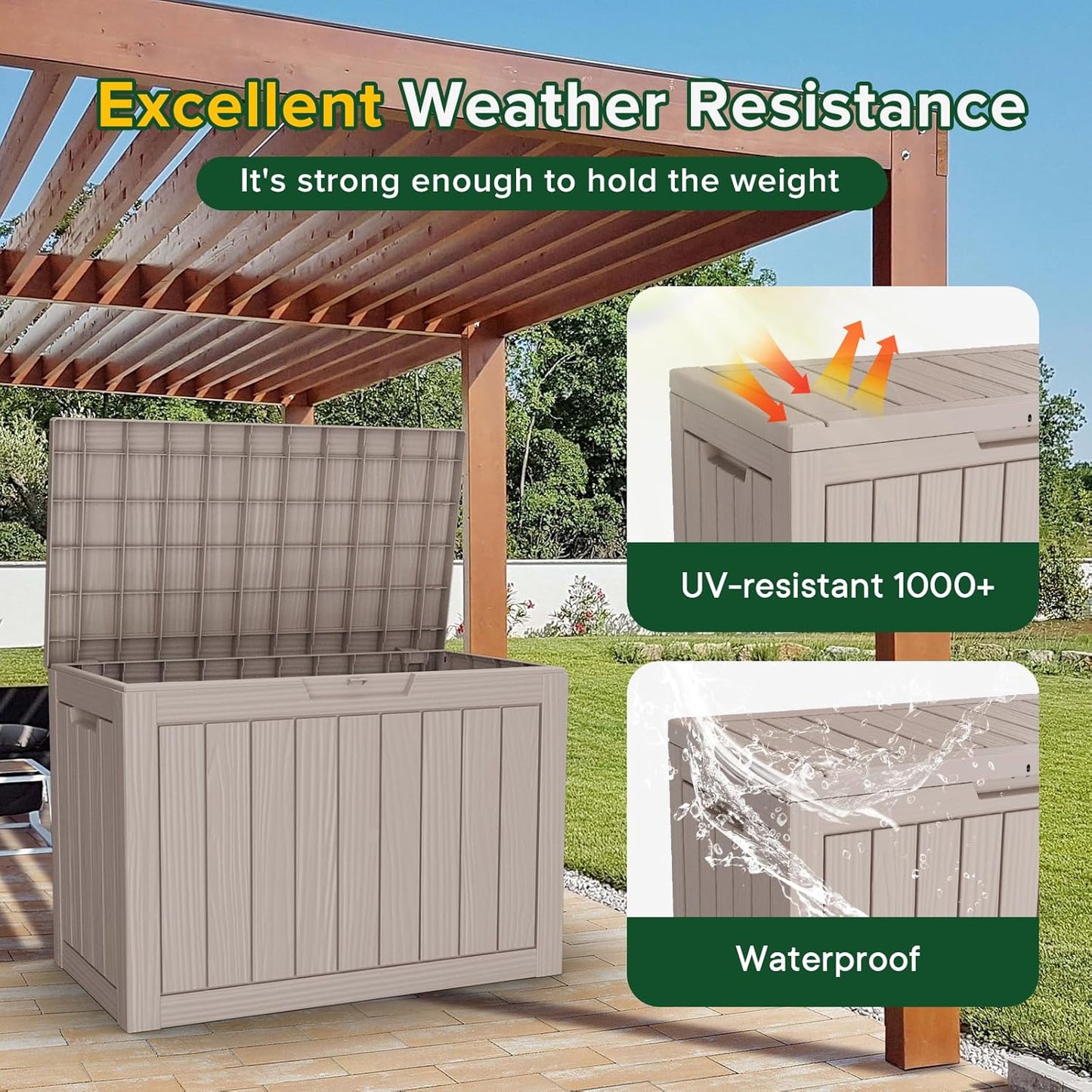 46 Gallon Outdoor Deck Box,Storage Lockable Waterproof Patio Furniture,Garden Tools,Cushions,Pool Accessories Outside Storage Resin Box(Light Brown)