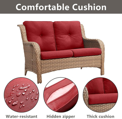 Outdoor Wicker Patio Furniture Set - 6 Piece Rattan Patio Conversation Set with 2 Rocking Swivel Chairs,2 Ottomans,1 Loveseat and 1 Coffee Table for Porch Deck Backyard Garden(Yellow/Red)