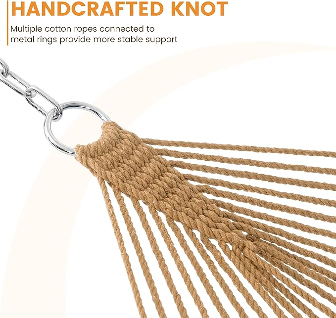 Lazy Daze Hammocks Double Rope Hammock, 2 Person Traditional Outdoor Hand Woven Cotton Rope Hammock with Spreader Bar, Chains, Tree Straps for Patio Yard - Max 450 Lbs, Tan