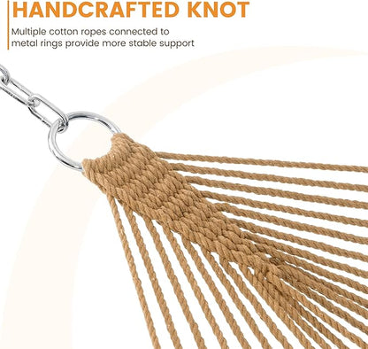 Lazy Daze Hammocks Double Rope Hammock, 2 Person Traditional Outdoor Hand Woven Cotton Rope Hammock with Spreader Bar, Chains, Tree Straps for Patio Yard - Max 450 Lbs, Tan