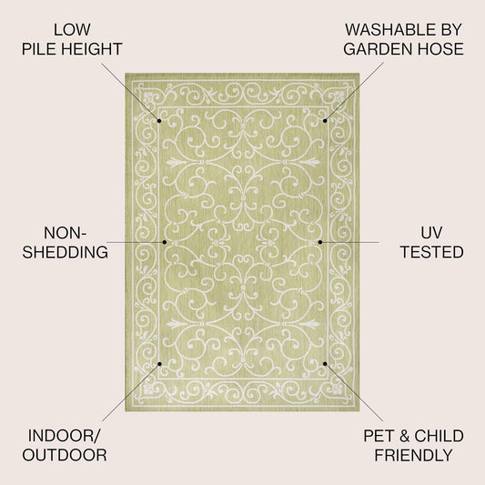 JONATHAN Y SMB106H-5R Charleston Vintage Filigree Textured Weave Indoor Outdoor Area Rug, Bohemian Coastal Traditional Easy-Cleaning,Bedroom,Kitchen,Backyard,Patio,Non Shedding, 5' Round, Green/Cream