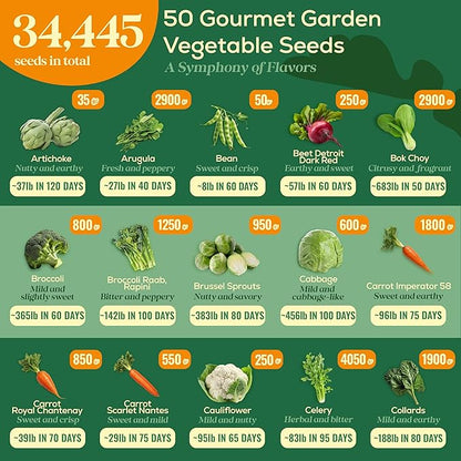 50 Gourmet Garden Vegetable Seeds Variety Pack - 34,455+ Non-GMO Heirloom Vegetables Seeds for Planting Indoor Outdoor: Broccoli, Carrot, Onion, Lettuce, Pepper - Gardening Seed Packets