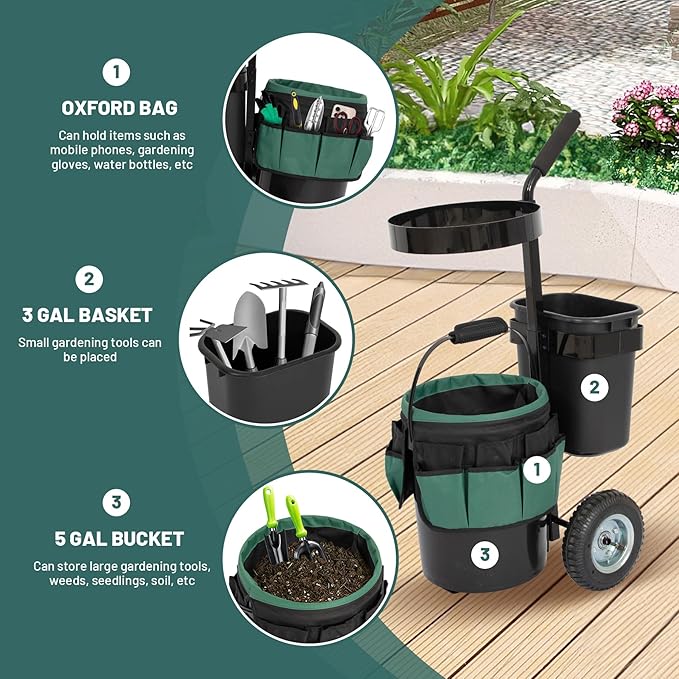 biosp Garden Carts, Heavy Duty Rolling Lawn Yard Mobile Gardening Trolley, Wheeled Outdoor Metal Utility Beach Wagon with 5 Gallon Bucket Oxford Bag Tool Organizer Storage