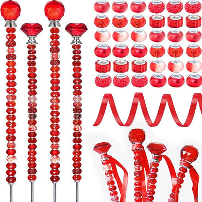 119Pcs Garden Stake DIY Fairy Wand Plant Stake with Red Large Hole Beads Crystal Diamond Stopper Top 4 Stainless Steel Threaded Rod Beaded Garden Stakes for Outdoor Indoor Yard Patio Decorations