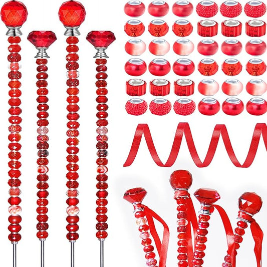 119Pcs Garden Stake DIY Fairy Wand Plant Stake with Red Large Hole Beads Crystal Diamond Stopper Top 4 Stainless Steel Threaded Rod Beaded Garden Stakes for Outdoor Indoor Yard Patio Decorations