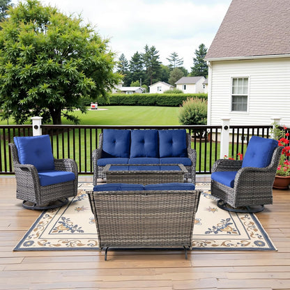 5 Piece Outdoor Patio Furniture Set - Outdoor Conversation Couch and Loveseat Glider Chair Furniture Set with Rattan Coffee Table for Deck Balcony Poolside Gray Wicker/Blue Cushions