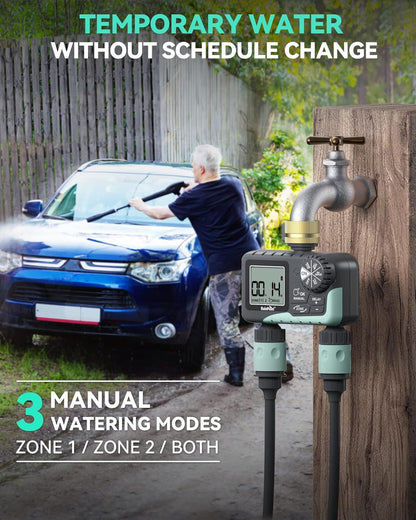 RAINPOINT 2 Zone Sprinkler Timer with Brass Swivel - 2pcs Water Timer for Garden Hose with Rain Delay/Manual Watering/Automatic Irrigation System - Programmable Faucet Timer for Yard Lawn